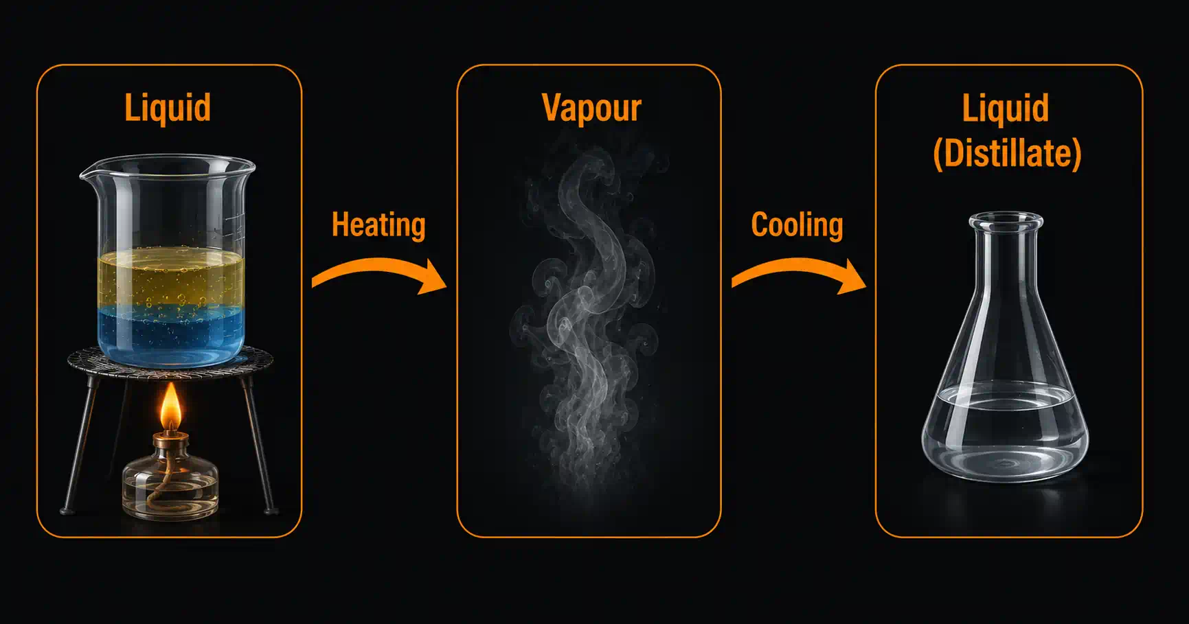 Three-stage cycle showing liquid heating into vapour and condensing back into a pure liquid distillate