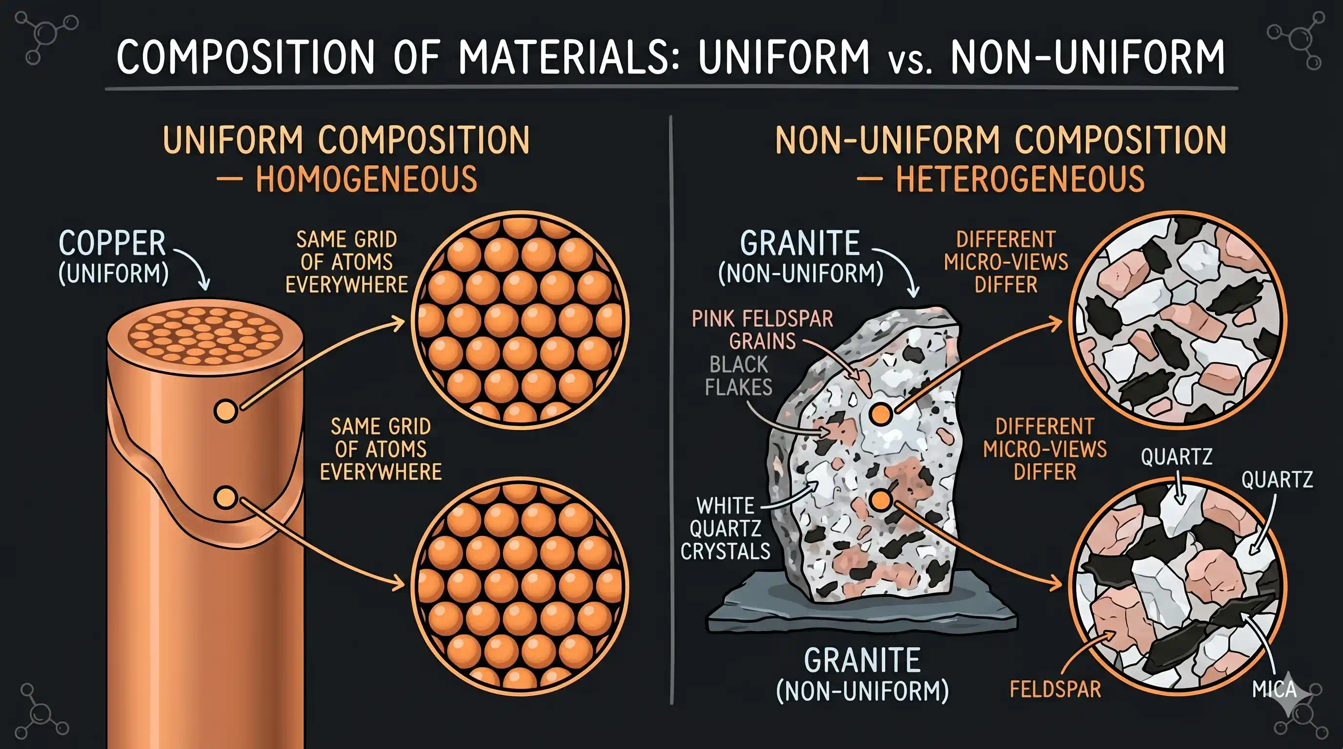 Uniform vs non-uniform composition: copper wire vs granite cross-section