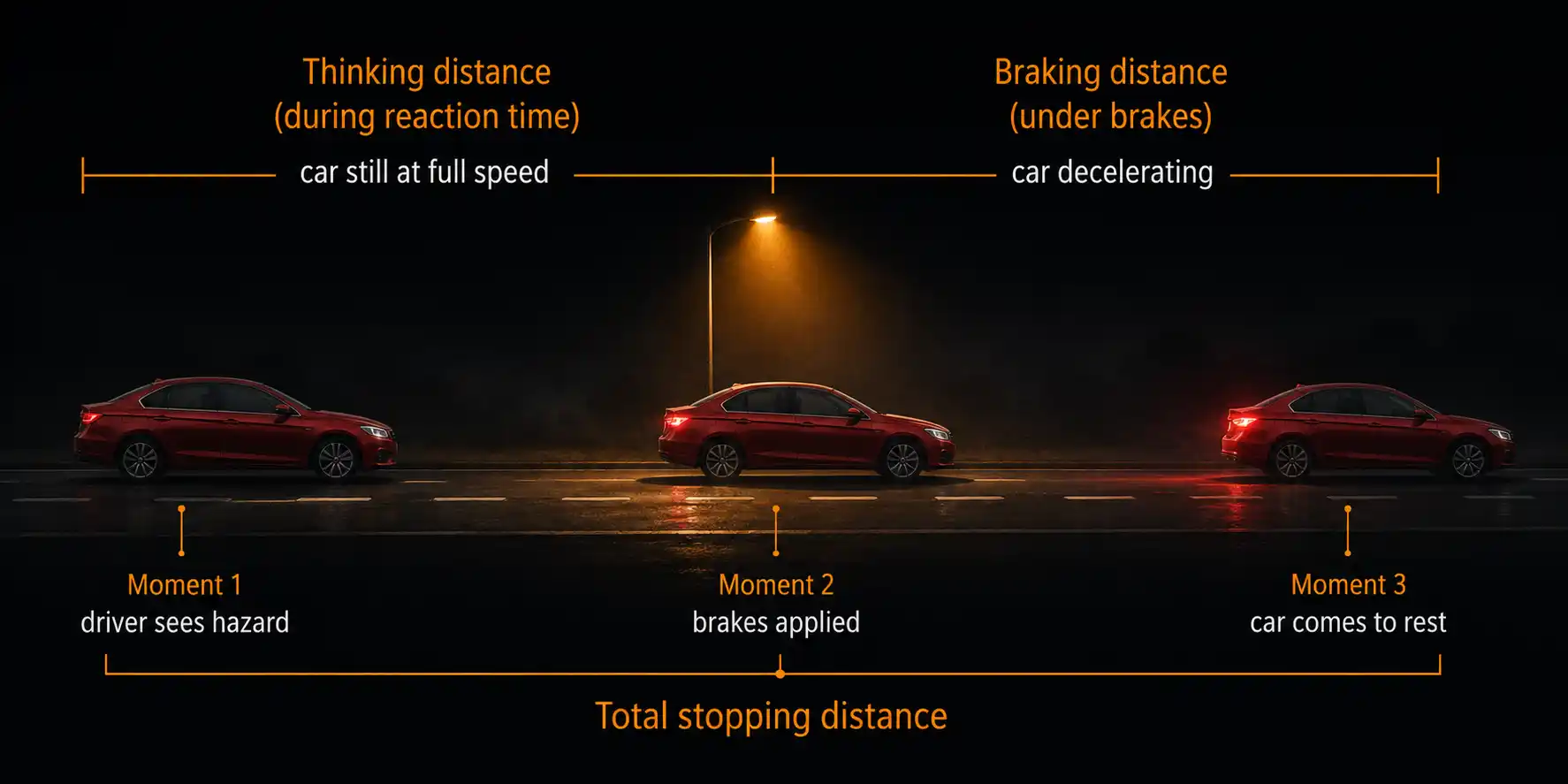 A horizontal diagram showing a car with two distance segments labelled — thinking distance during reaction time, then braking distance during deceleration, totalling the stopping distance