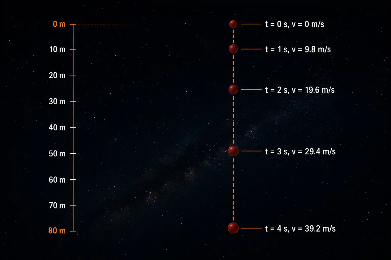 A vertical strip showing a ball at 5 positions during free fall, with each position marked by time and velocity, and increasing distances between successive positions