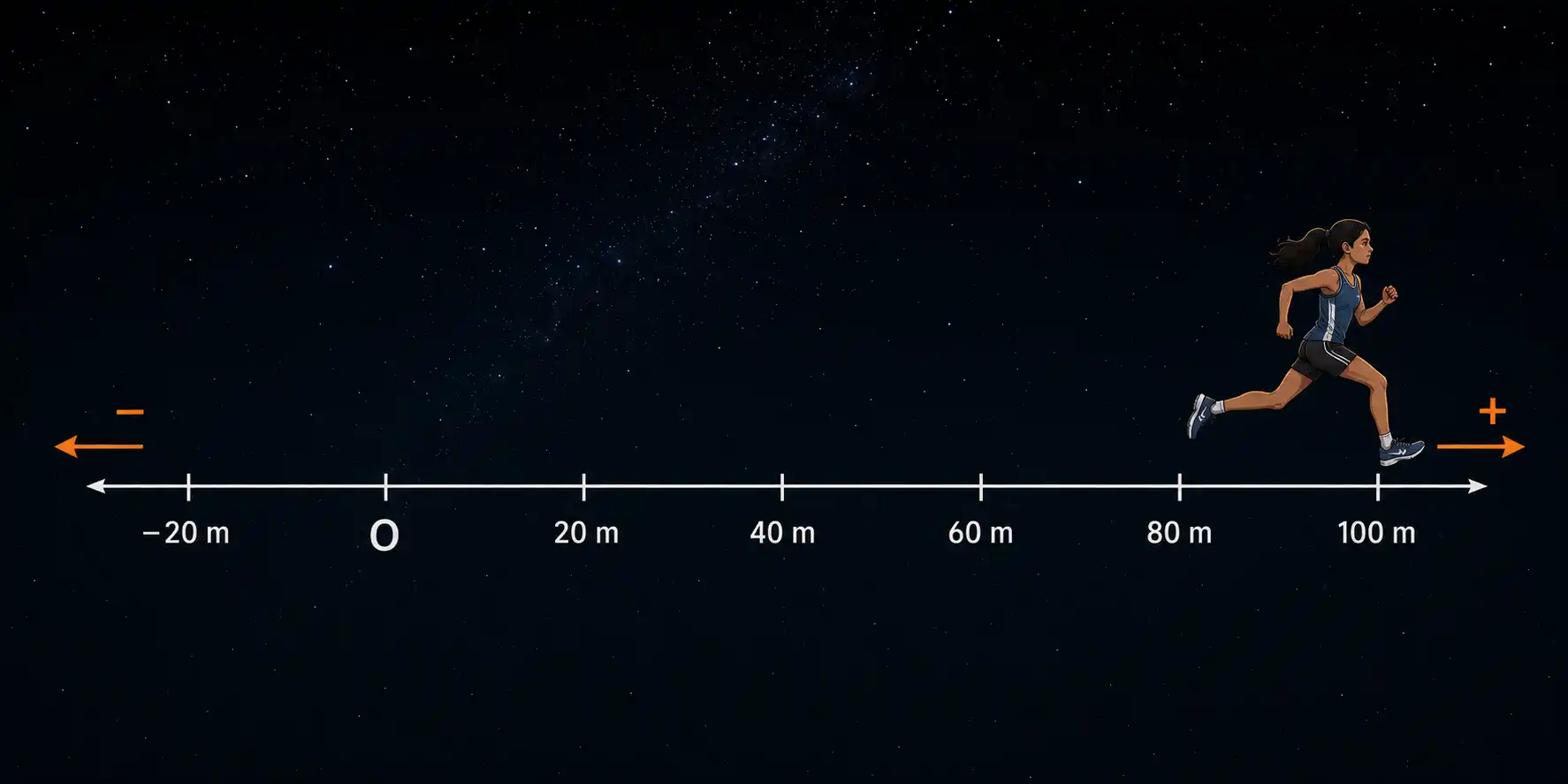 A horizontal number line marked with positions from -20 m to 100 m, origin labelled O, with an athlete figure standing at 100 m and arrows showing positive and negative directions