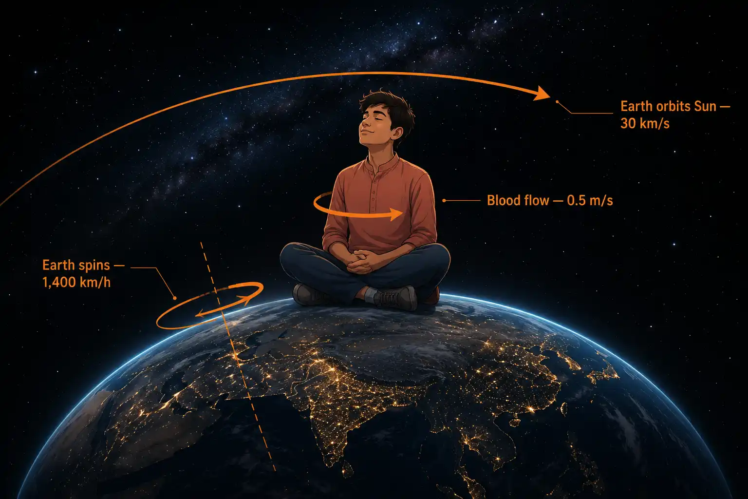 A person sitting calmly on Earth, with overlay arrows showing the planet spinning and orbiting the Sun at high speed