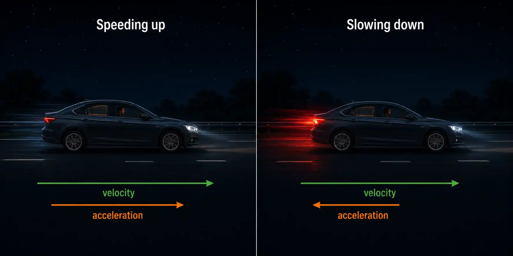 Two side-by-side car illustrations: one accelerating with velocity and acceleration arrows pointing the same way, one braking with velocity and acceleration arrows pointing opposite ways
