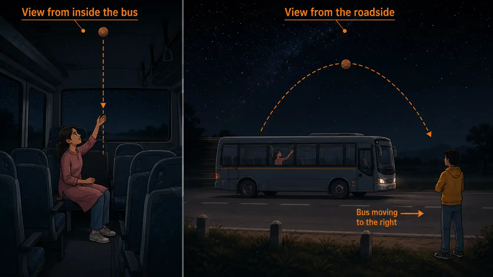 Two-panel diagram showing a ball thrown straight up inside a moving bus, traced as a vertical line from the passenger view and a parabola from the roadside view