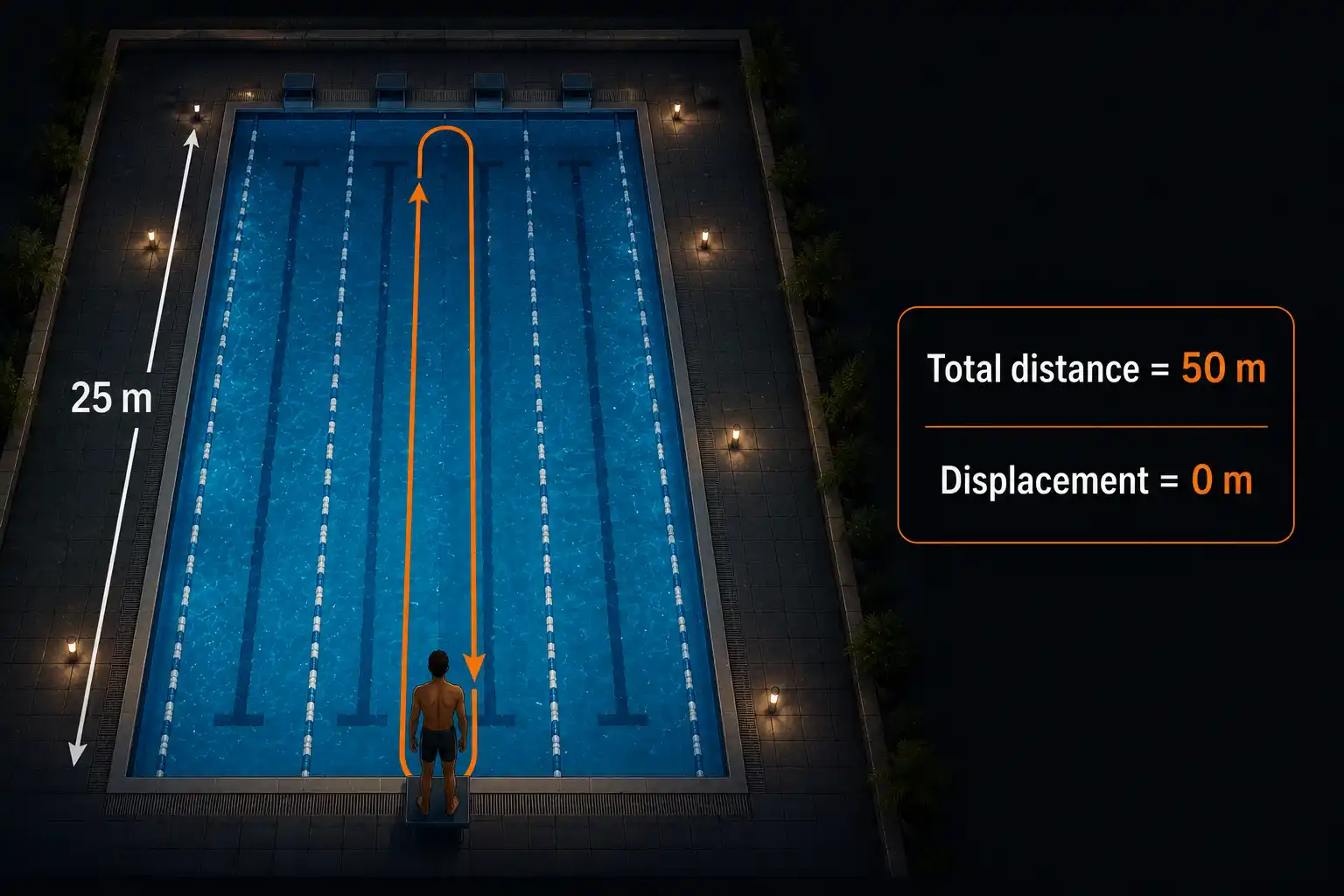 25 m swimming pool seen from above with a swimmer at one end, an arrow tracing his swim to the far end and back, with side labels for distance and displacement