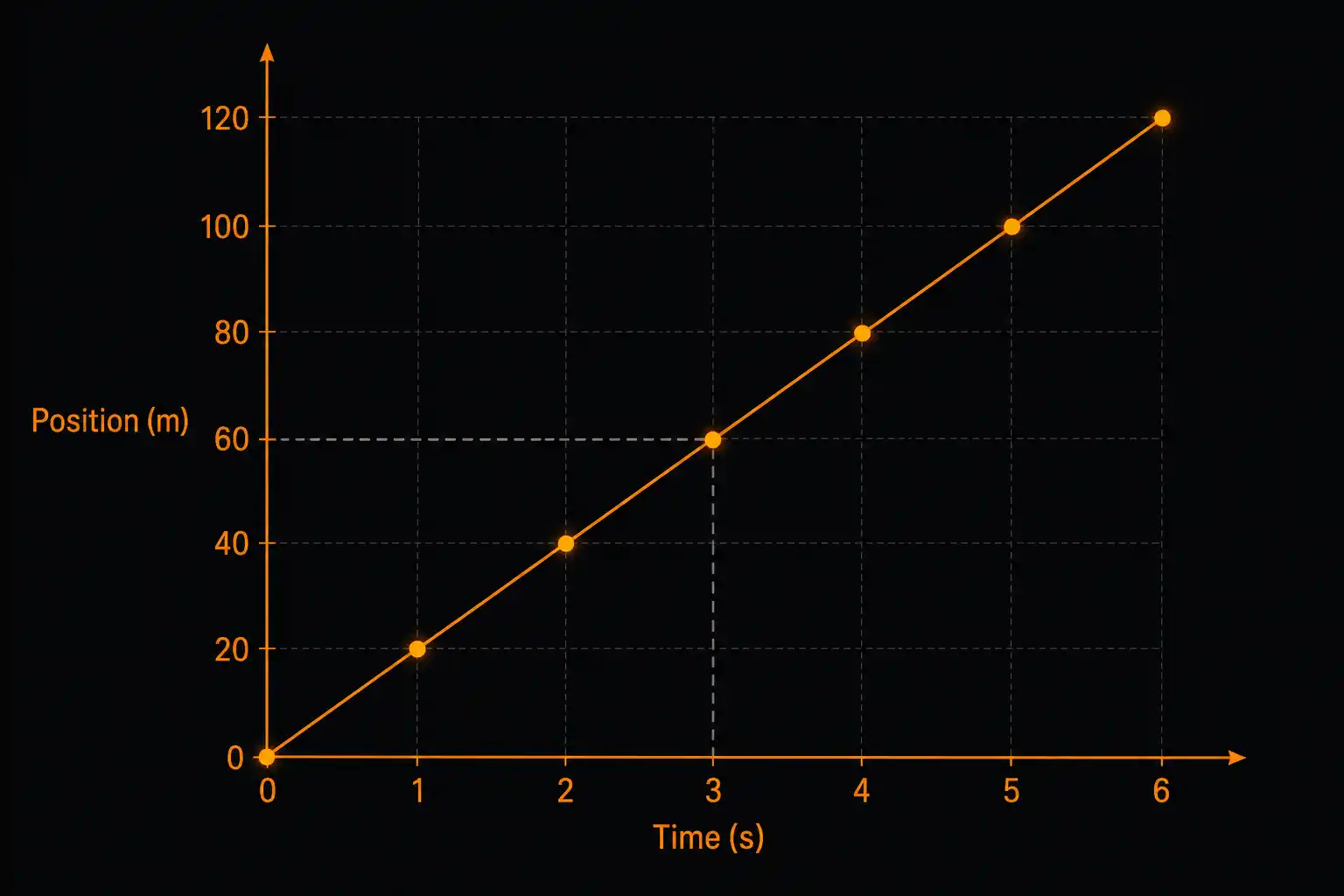 A position-time graph with time on the x-axis and position on the y-axis. Seven dots are plotted in a straight line from (0, 0) to (6, 120) and connected by a single straight orange line.
