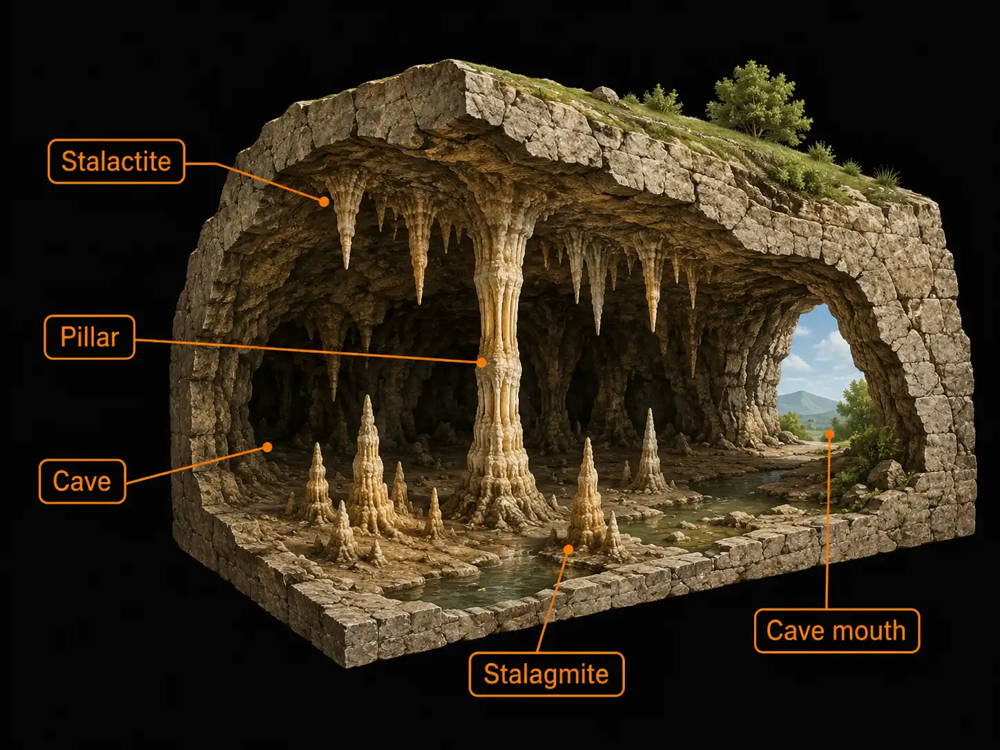 Cross-section diagram of a limestone cave
