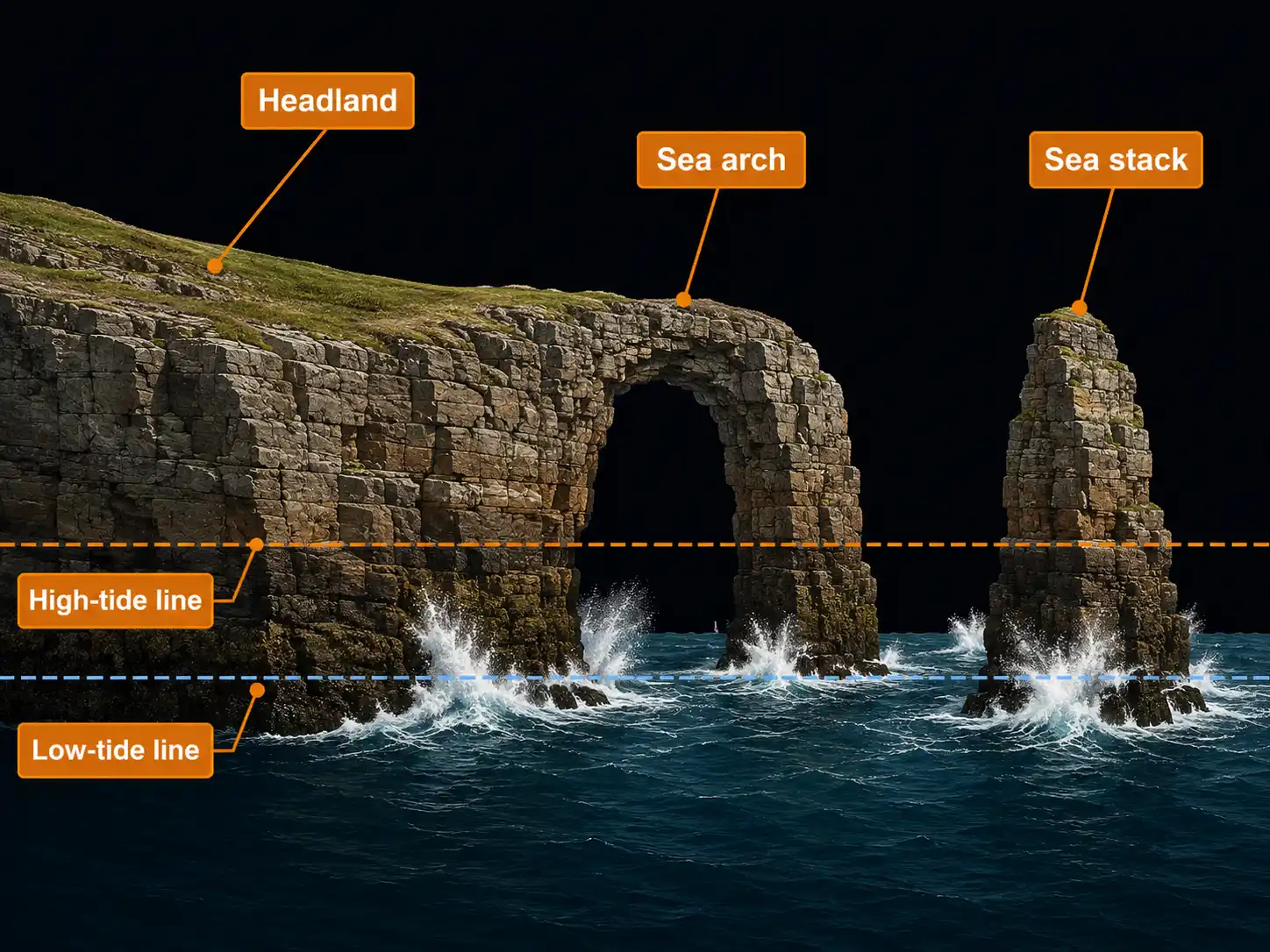Diagram of a sea arch and sea stack