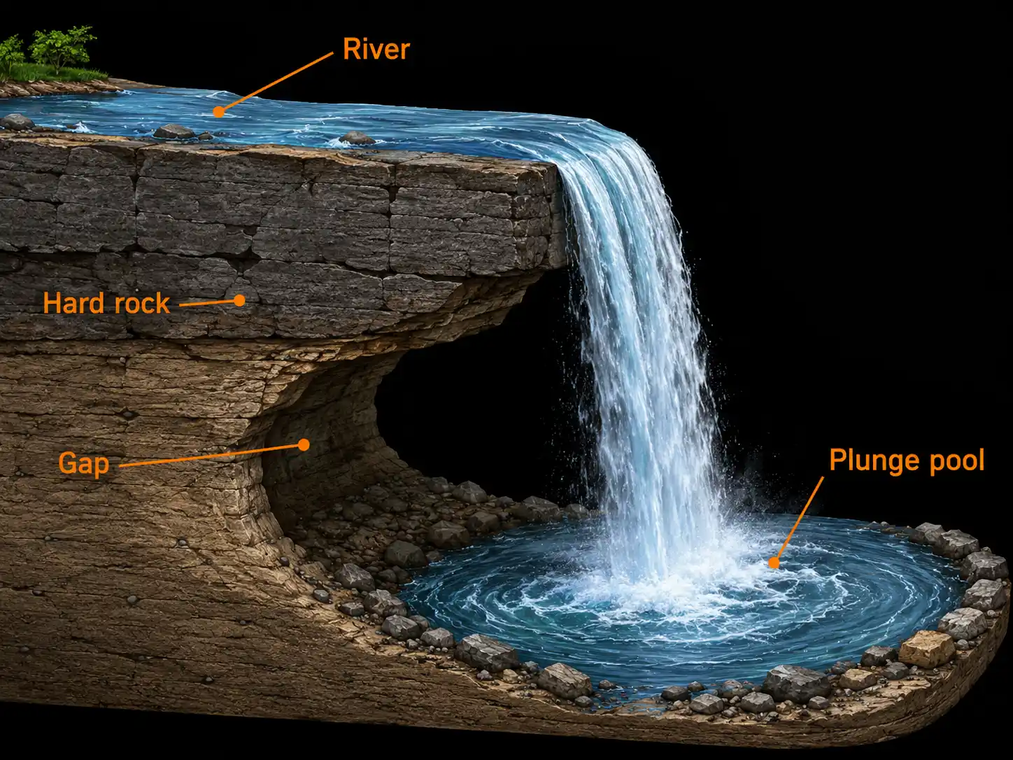 Cross-section diagram of a waterfall