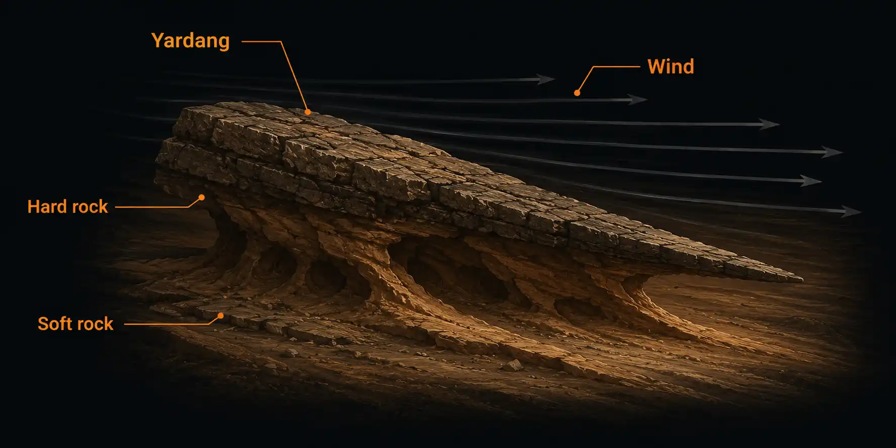 Diagram of a yardang rock formation