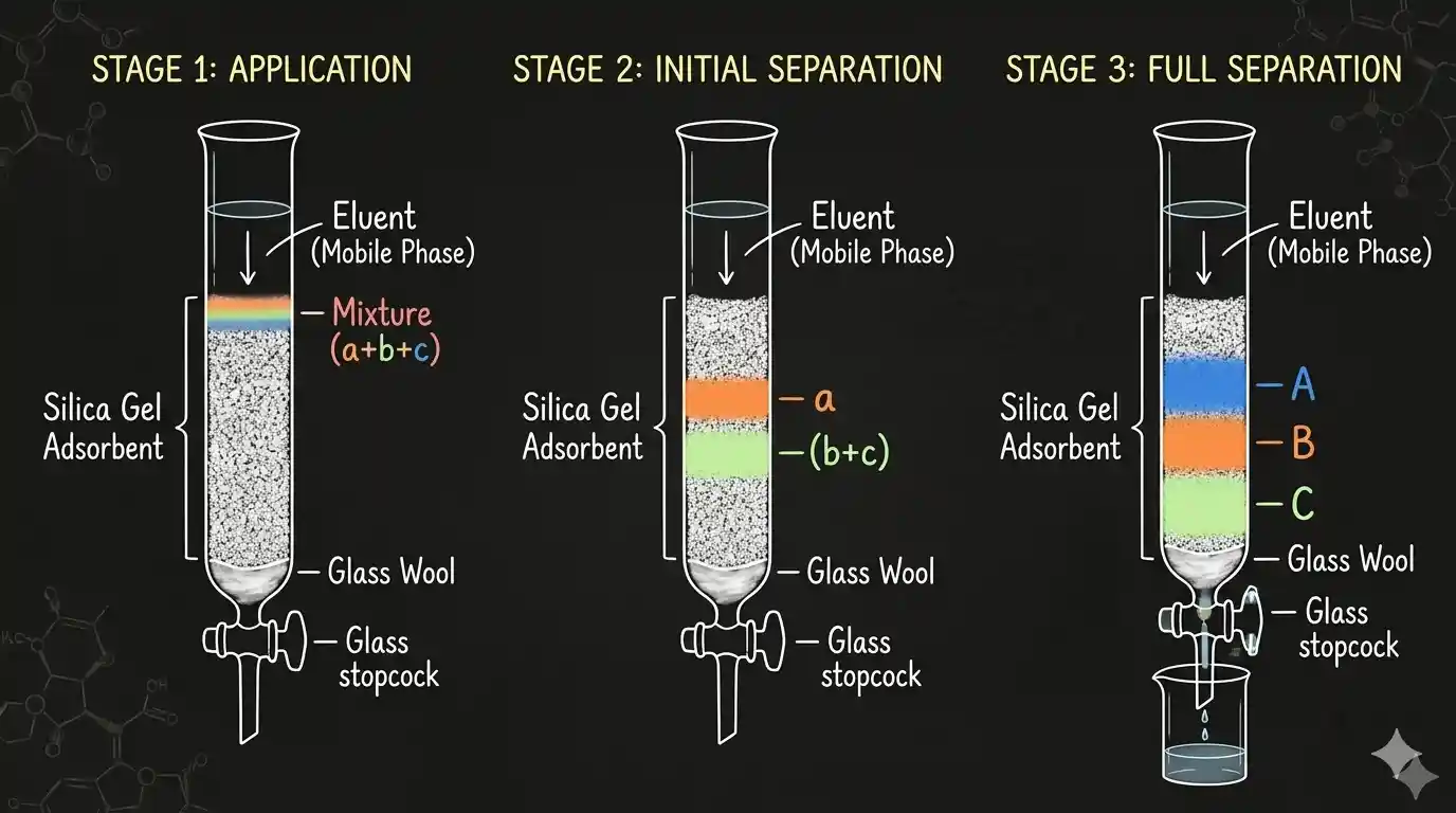 Column chromatography apparatus with separated coloured bands