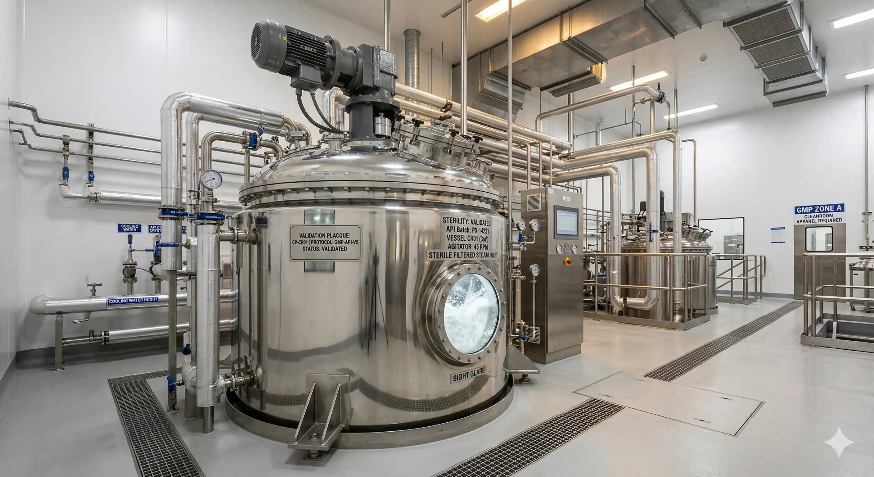 Large industrial pharmaceutical crystallisation vessel in GMP manufacturing plant