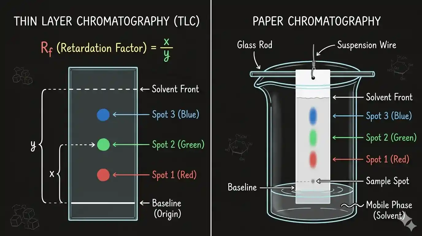 TLC plate showing Rf value measurement and paper chromatography strip