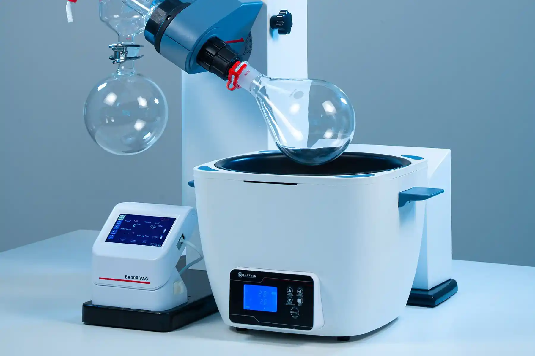 Rotary evaporator (rotavap) in operation in a pharmaceutical research laboratory