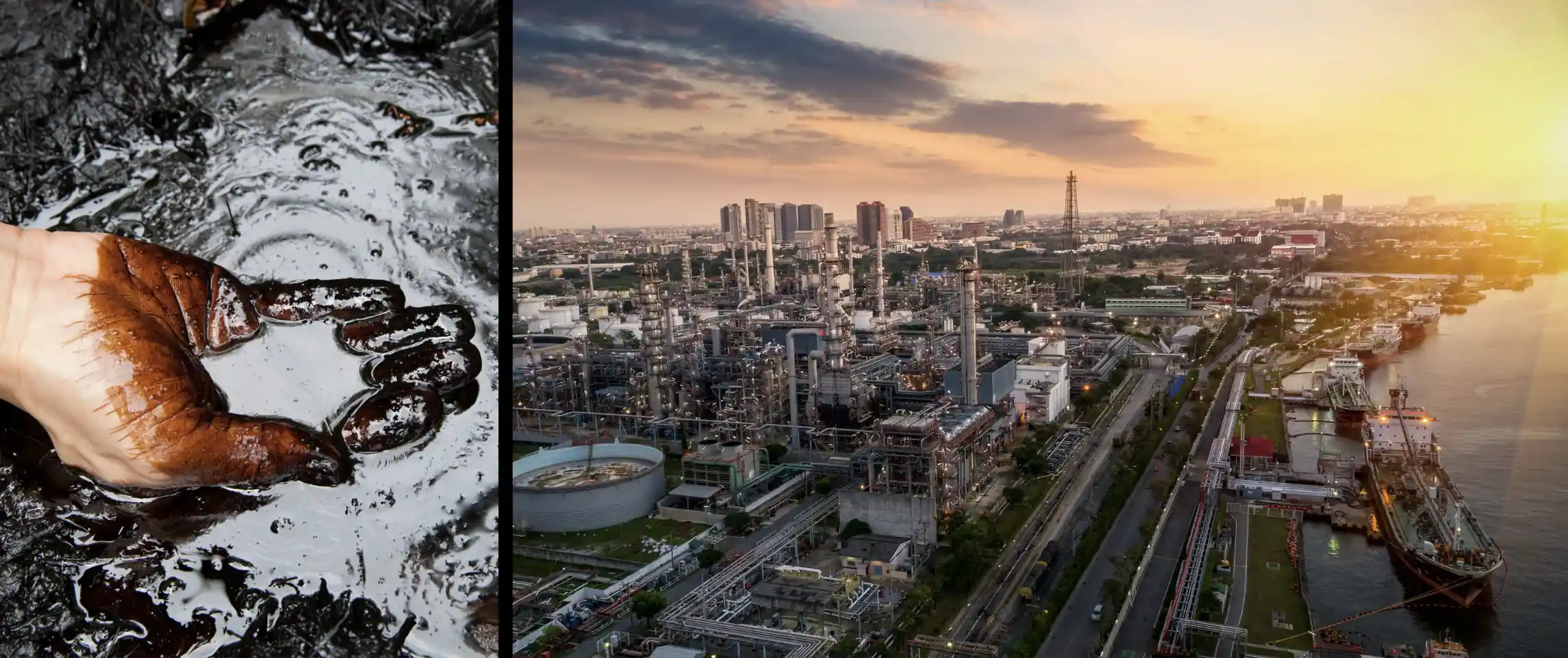 Aerial photograph of a massive petroleum fractional distillation refinery at blue hour