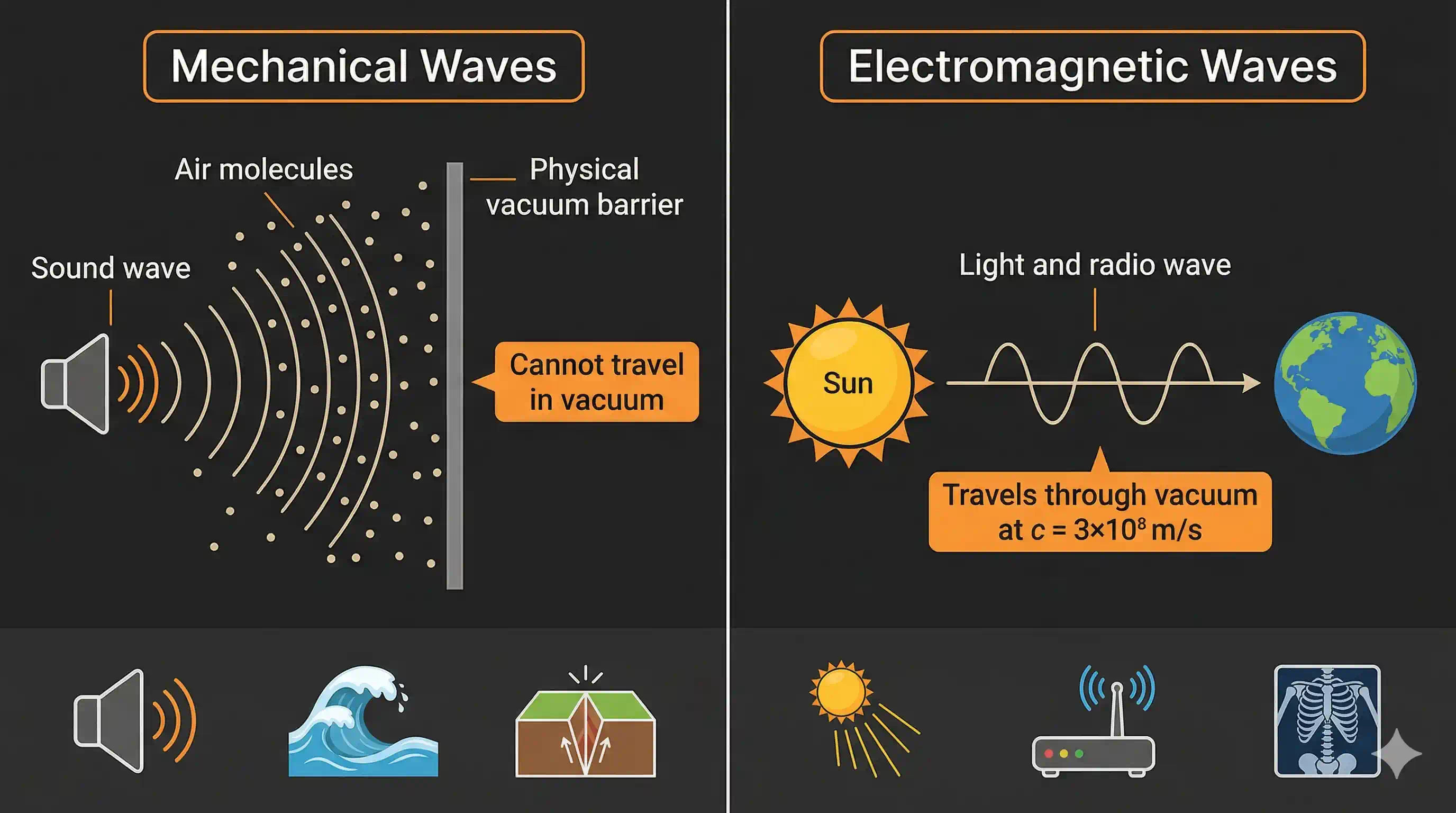 Comparison of mechanical waves (sound, water, seismic) vs electromagnetic waves (light, radio, X-rays)