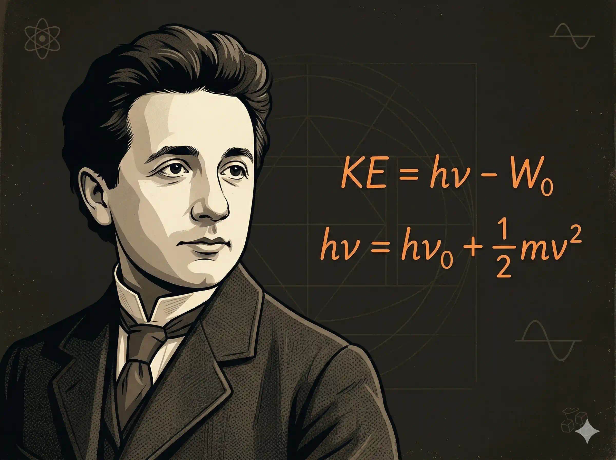 Albert Einstein in 1905 with equations relating to the photoelectric effect
