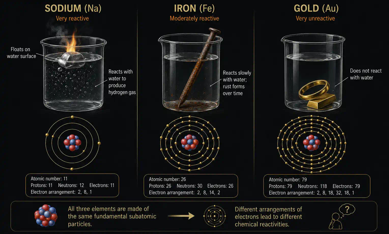Three-panel comparison showing sodium exploding on water, iron rusting, and gold sitting unchanged