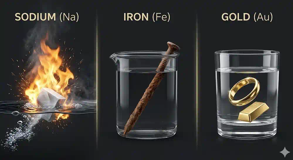 Three-panel comparison showing sodium exploding on water, iron rusting, and gold sitting unchanged