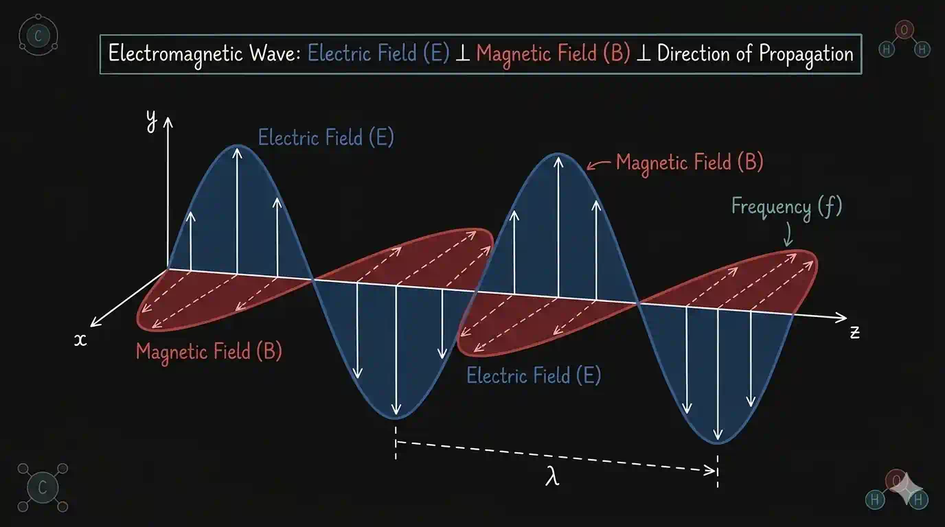 Electromagnetic wave showing oscillating electric and magnetic fields perpendicular to each other and to the direction of propagation