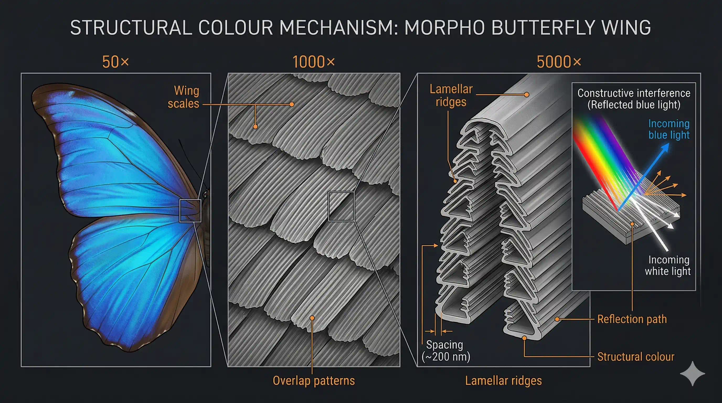 Morpho butterfly wing under electron microscope at 50x, 1000x, and 5000x magnification showing structural coloration