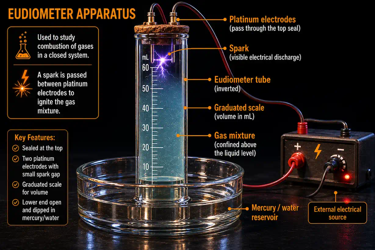 Eudiometer apparatus — a sealed graduated glass tube with platinum electrodes at the top showing a spark, inverted over a liquid reservoir, with a gas mixture confined inside above the liquid level