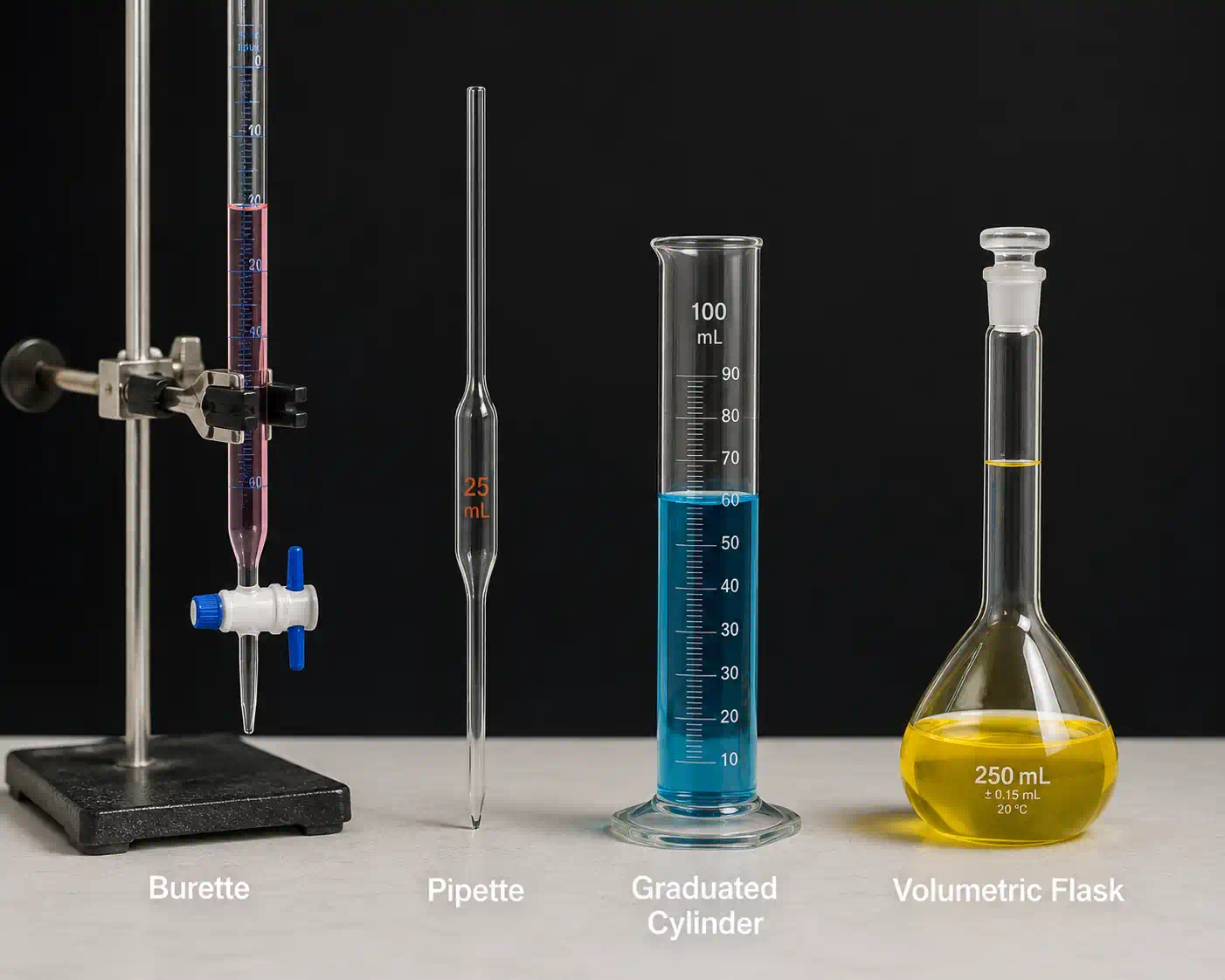 Common volume measuring devices: burette, pipette, graduated cylinder, volumetric flask