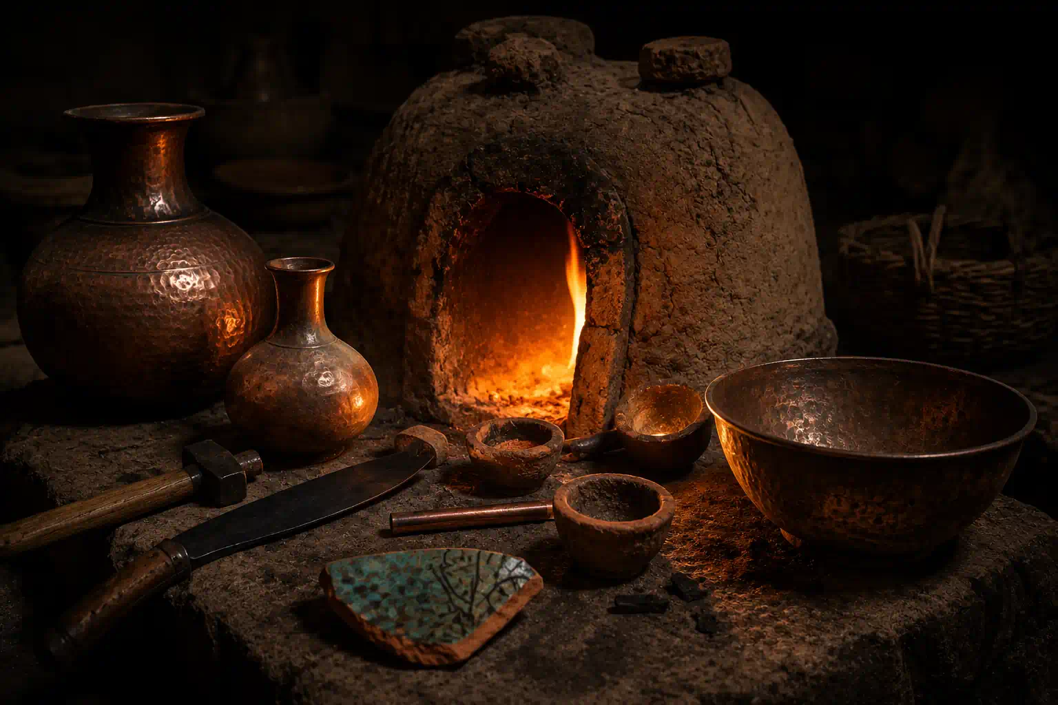 Ancient Indian metallurgical workshop with a glowing clay furnace, copper vessels, and terracotta crucibles