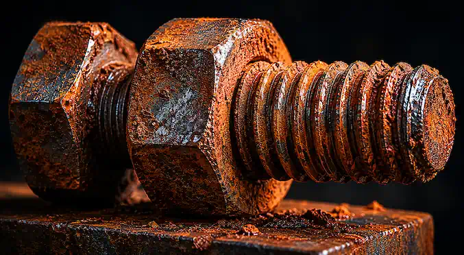 Close-up photograph of a rusted iron bolt with corrosion visible across the threads