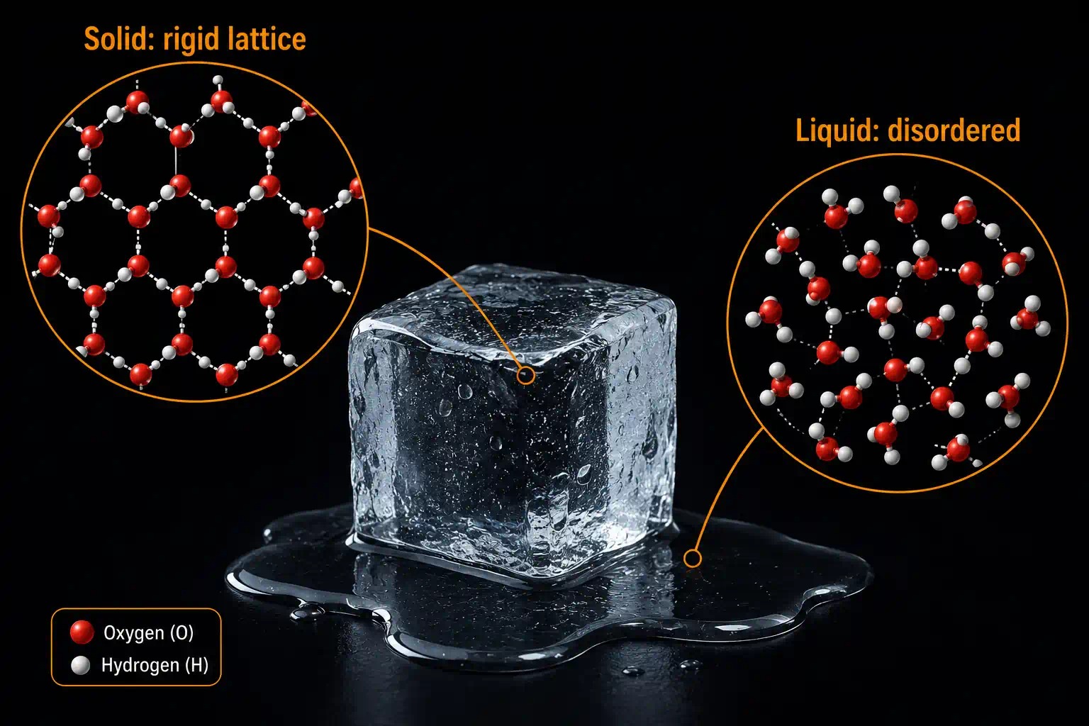 An ice cube partially melted with two inset diagrams showing the rigid hexagonal lattice of water molecules in ice and the loosely-packed disordered molecules in liquid water