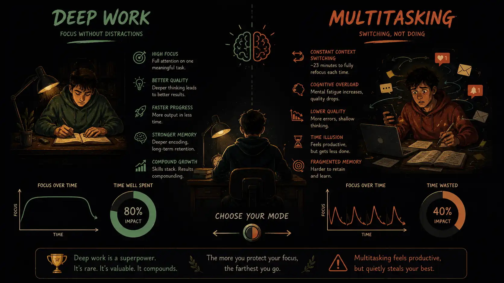 A split "Deep Work vs Multitasking" infographic. Left, in green: a focused student writing calmly at a lamp-lit desk, with benefits listed — high focus, better quality, faster progress, stronger memory, compound growth — a steady focus graph, and an "80% impact, time well spent" dial. Right, in orange: a stressed student surrounded by notification icons and a cluttered desk, with costs listed — constant context switching (~23 minutes to refocus each time), cognitive overload, lower quality, a time illusion, fragmented memory — a spiky, sawtooth focus graph, and a "40% impact, time wasted" dial. Centre: a half-and-half brain icon and a dial for "choose your mode." Footer: "Deep work is a superpower — it's rare, valuable, and compounds," "the more you protect your focus, the farthest you go," and "multitasking feels productive, but quietly steals your best."