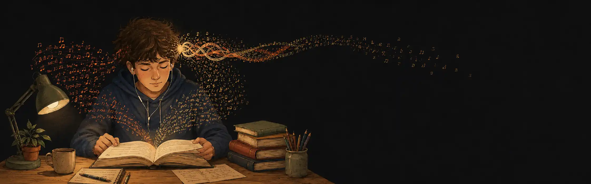 A student reading at a desk: a ribbon of words rises from the book toward their head while a second ribbon of song lyrics rises from their earphones — the two streams of words tangling into a single knot, showing they compete for the same mental channel.